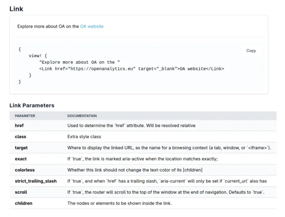 An HTML link component demonstration page, Shows a link embedded in a sentance, followed by its source code. At the bottom, a table shows the documentation of the Link Component